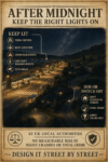 Infographic: after midnight, keep town centres, busy junctions, crash blackspots, late-shift walking routes and CCTV areas lit; dim or switch off quiet residential streets, low-speed rural roads and empty cul-de-sacs. Design it street by street.