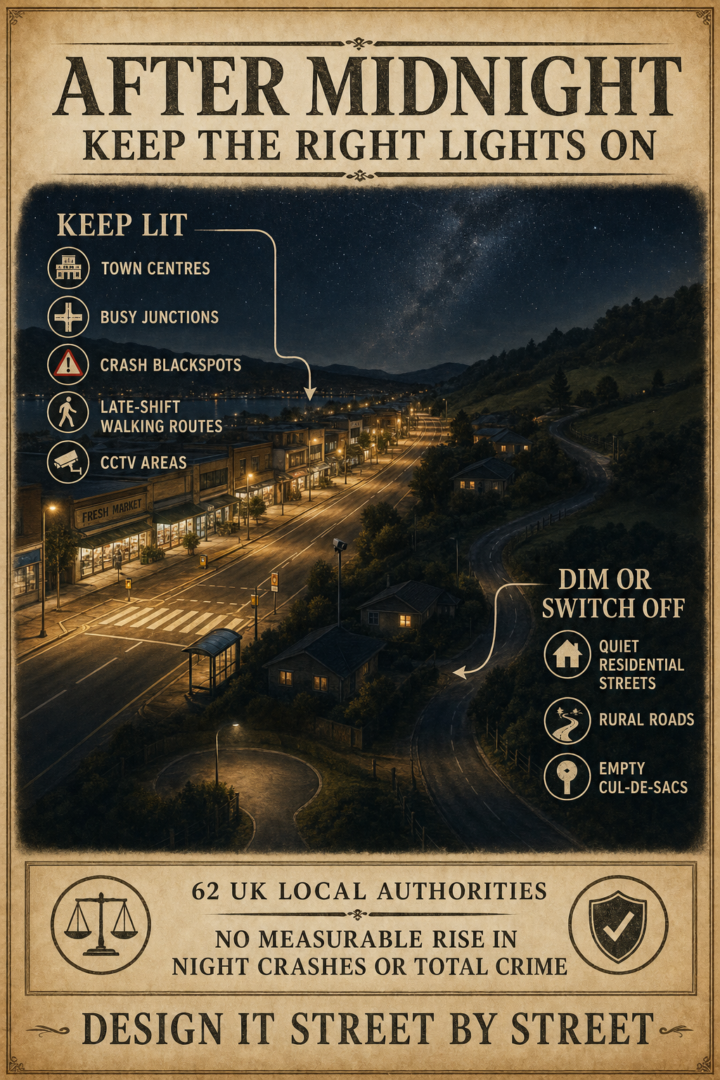 Infographic: after midnight, keep town centres, busy junctions, crash blackspots, late-shift walking routes and CCTV areas lit; dim or switch off quiet residential streets, low-speed rural roads and empty cul-de-sacs. Design it street by street.
